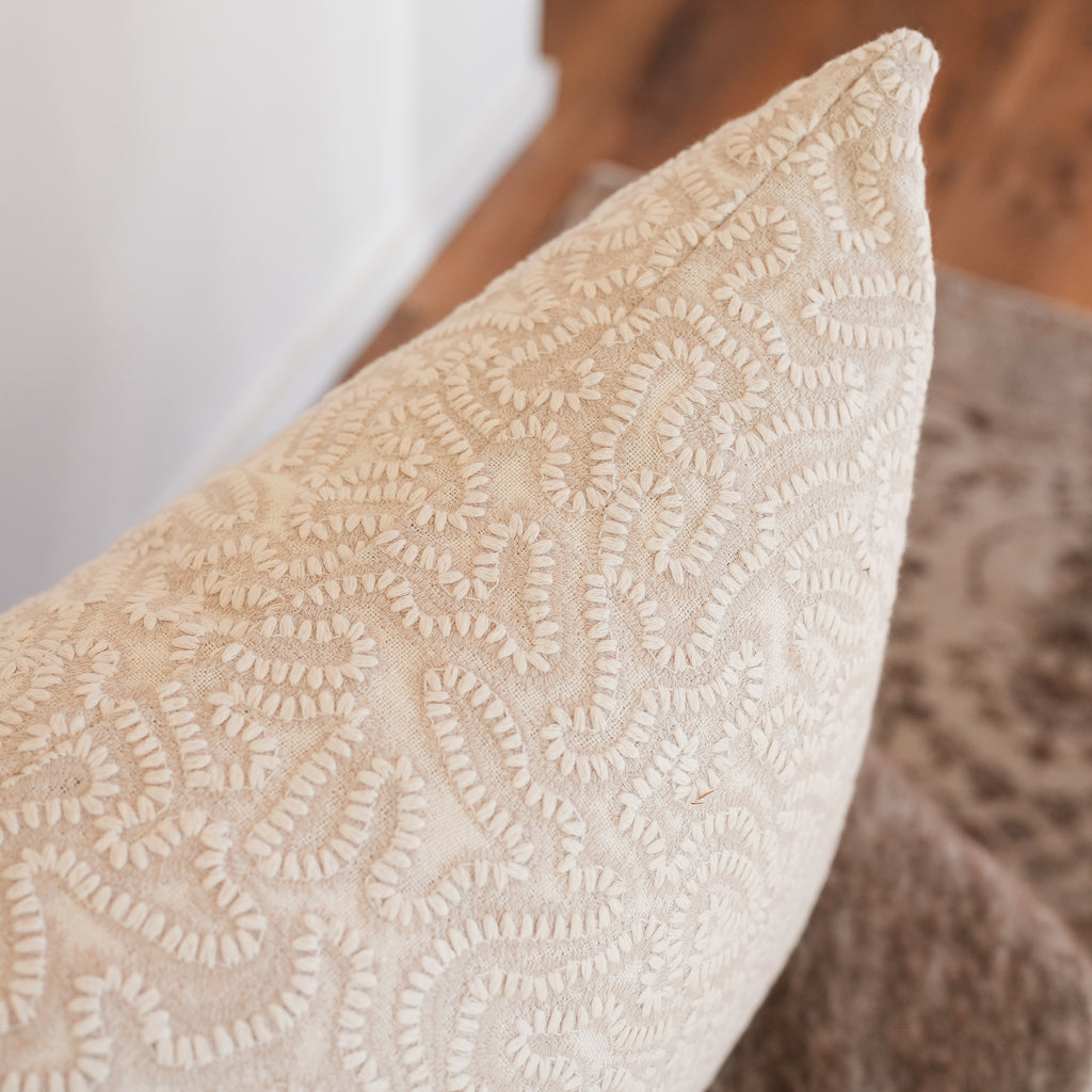 Cream and Beige Embroidered Stitch on Linen Pillow Set of 2 - 20x36