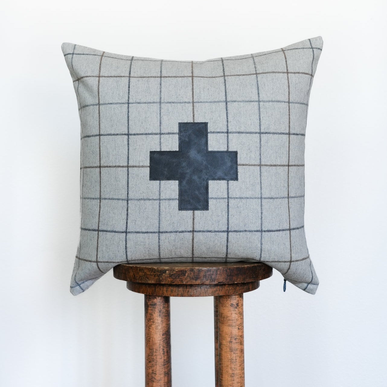 Grey Wool with Charcoal & Brown Plaid & Cross Pillow 20x20
