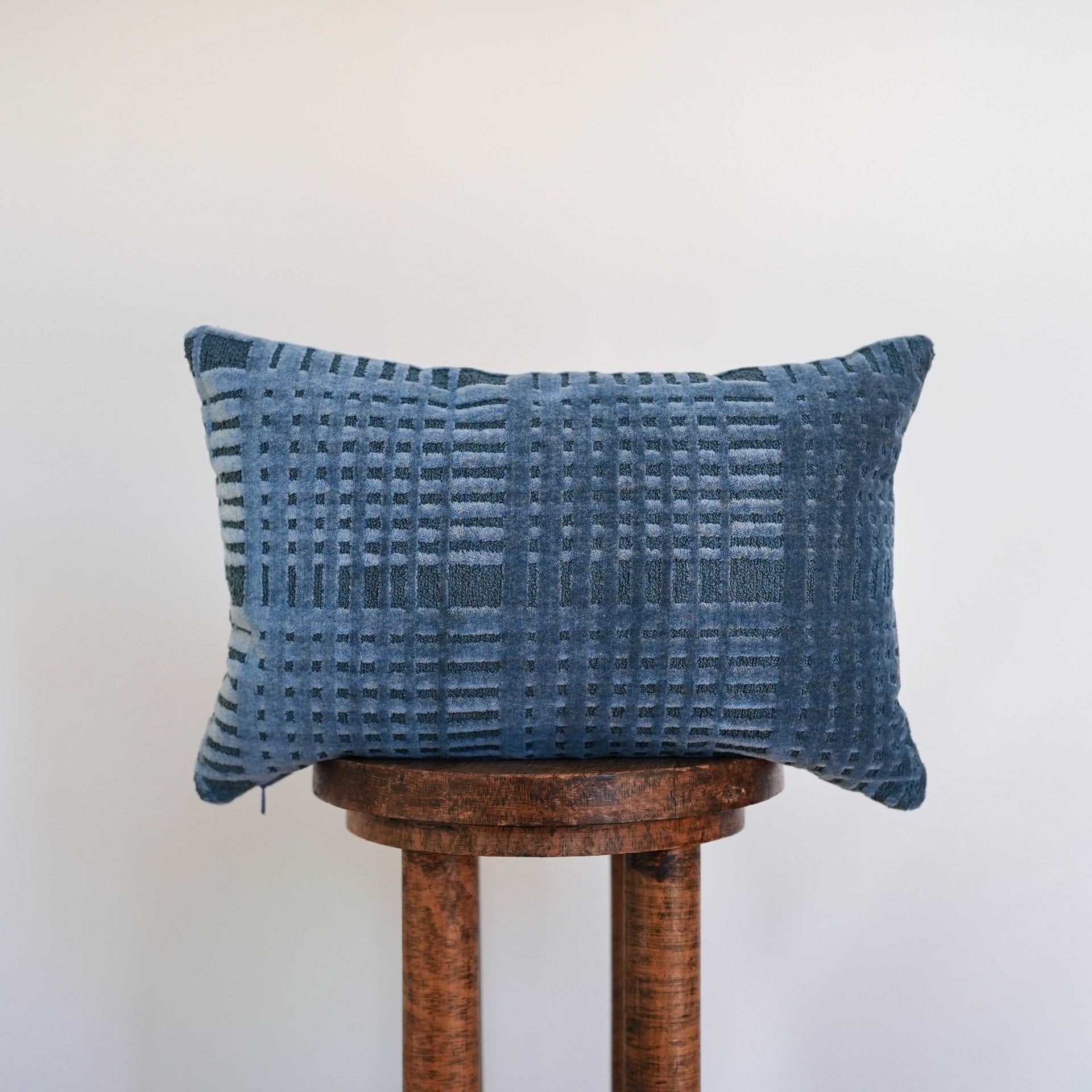 High Pile Blue Chenille Squares Lumbar Pillow 12x18