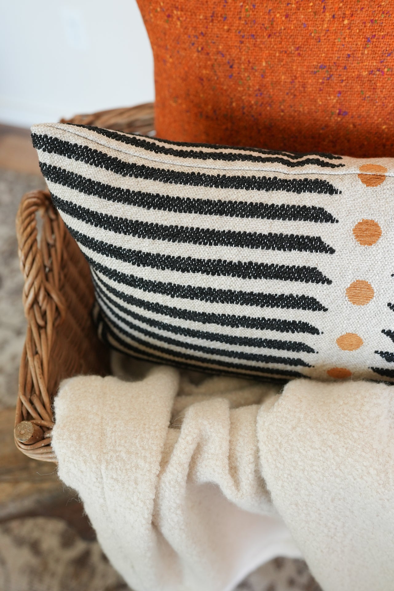Black with Cream Stripe & Yellow Dots on Linen Lumbar 13x22