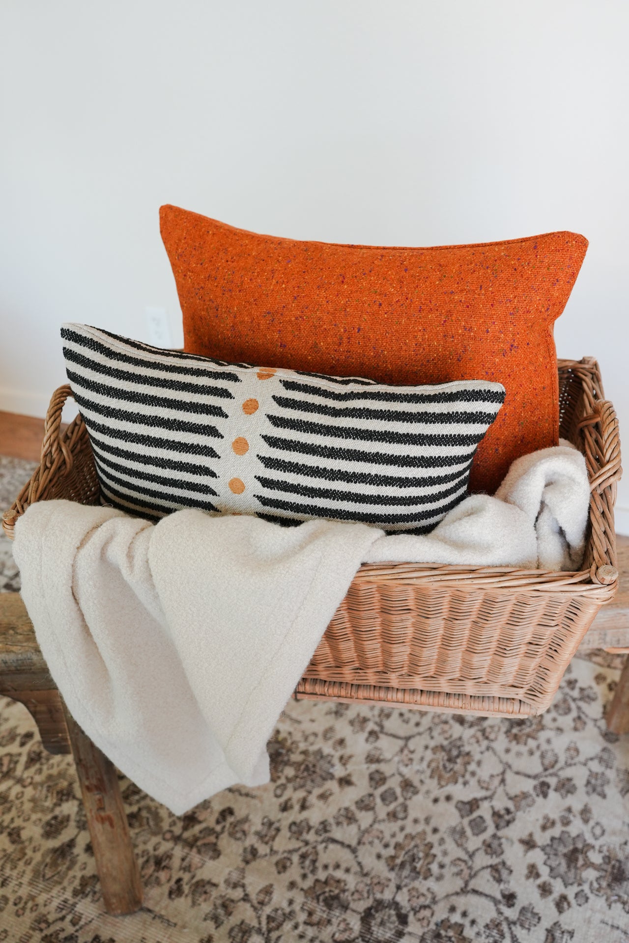 Black with Cream Stripe & Yellow Dots on Linen Lumbar 13x22