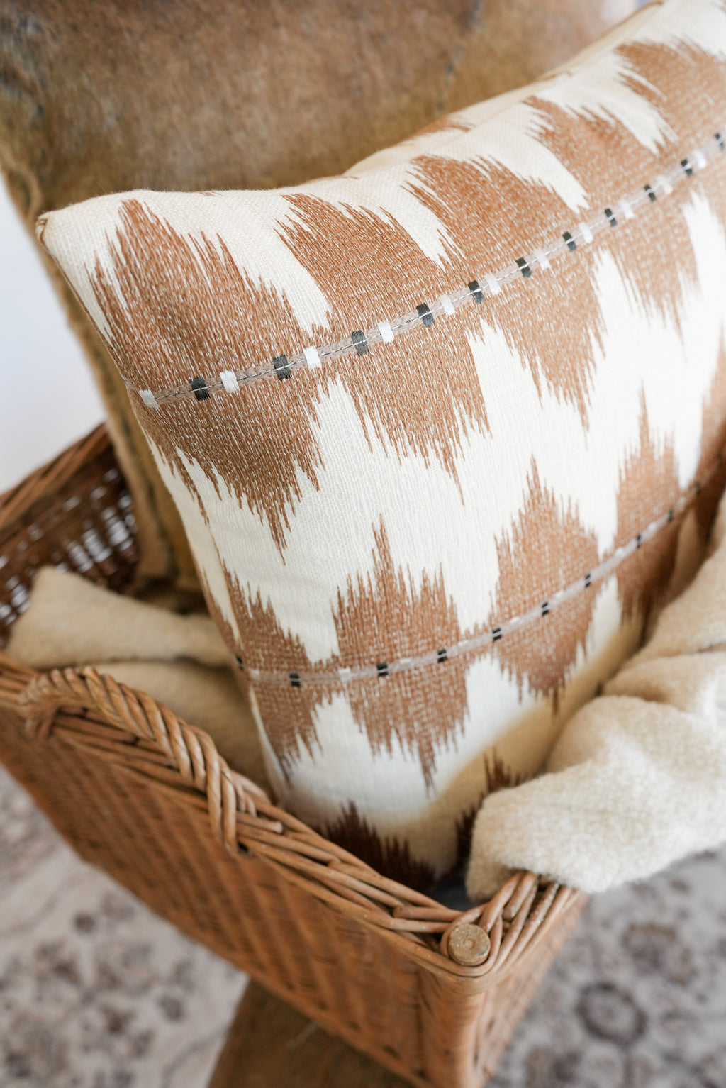 Gold Embroidered Black & White Ticking Linen Pillow 19x19
