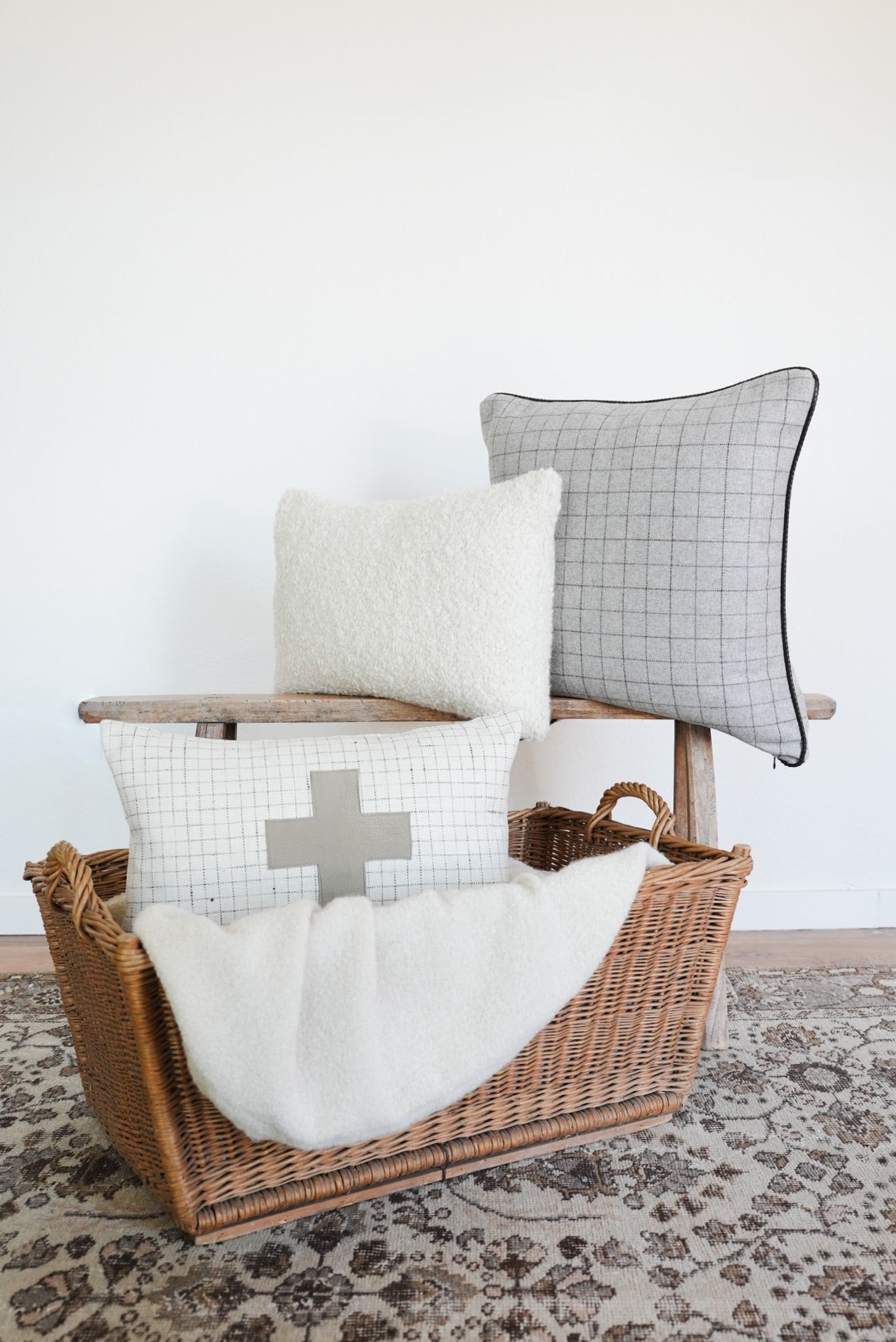 White Linen with Charcoal Plaid & Cross Lumbar 12x20