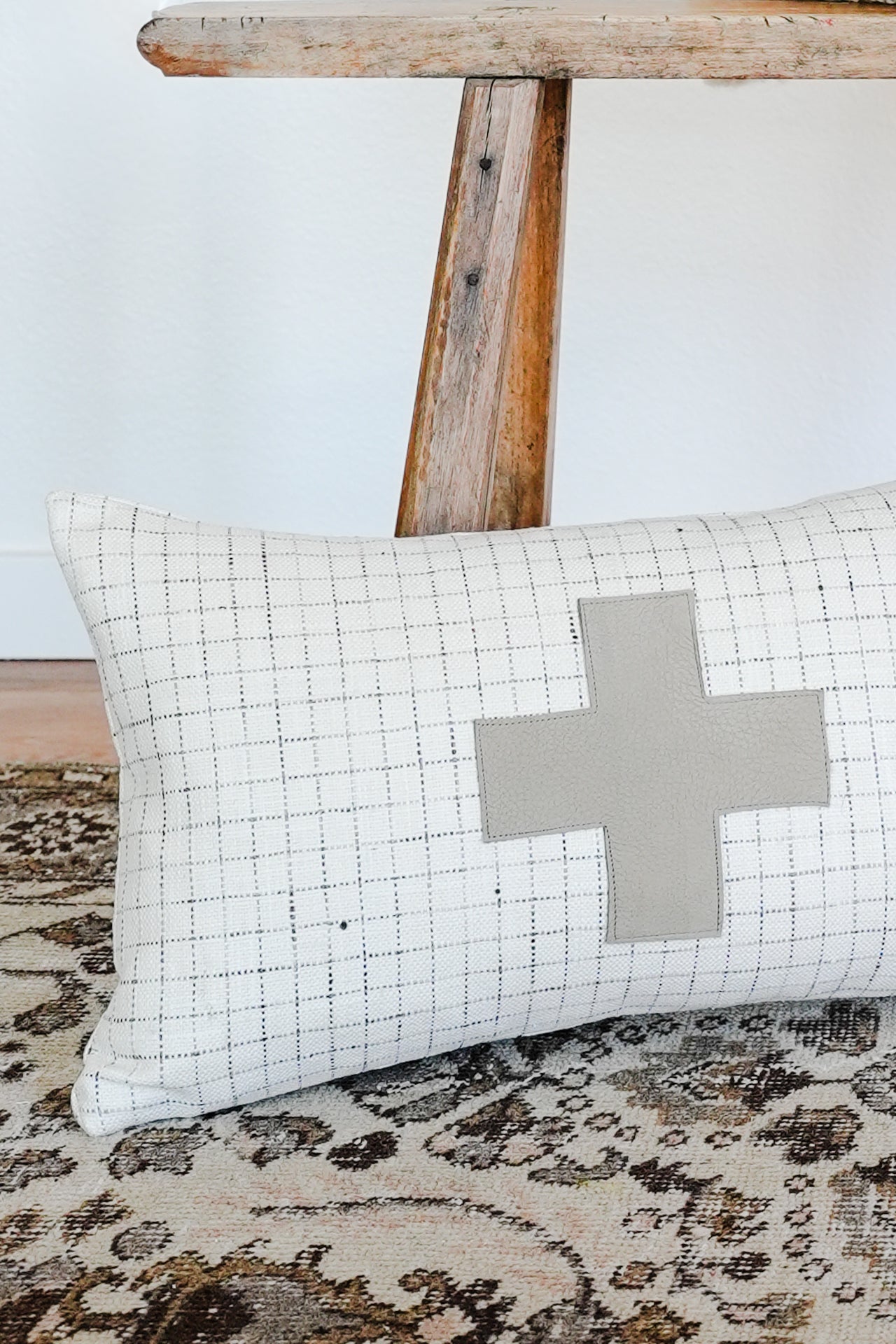White Linen with Charcoal Plaid & Cross Lumbar 12x20
