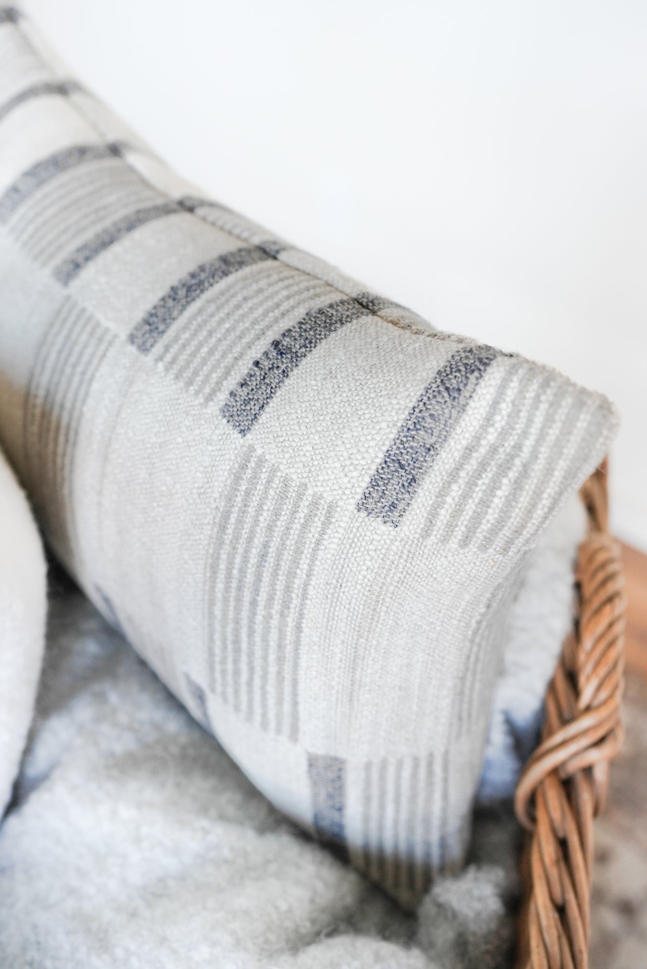 Cream, Navy, & Grey Block Stripe Linen Lumbar Pillow 13x20