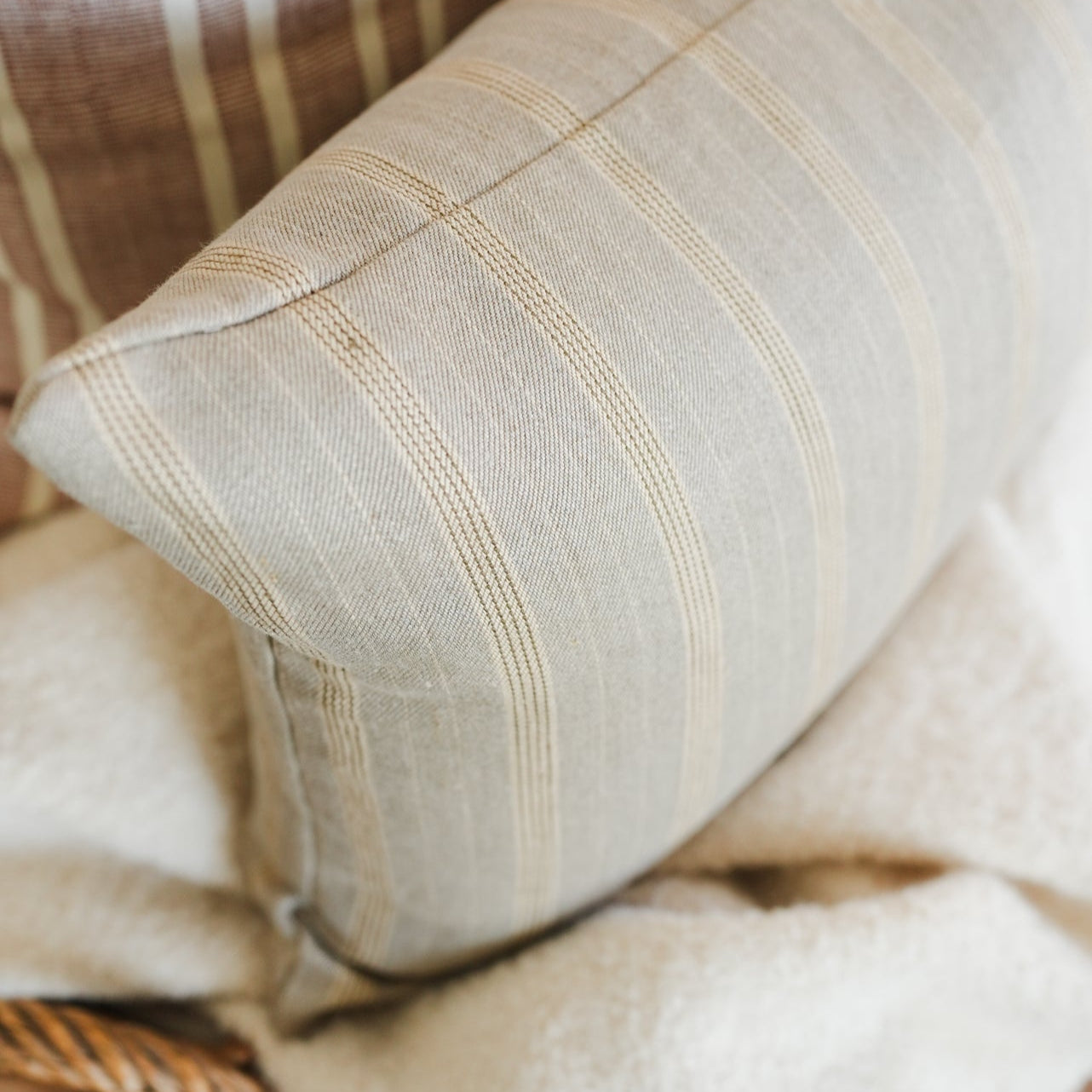 Beige and Cream Linen Stripe Lumbar Pillow 14x20