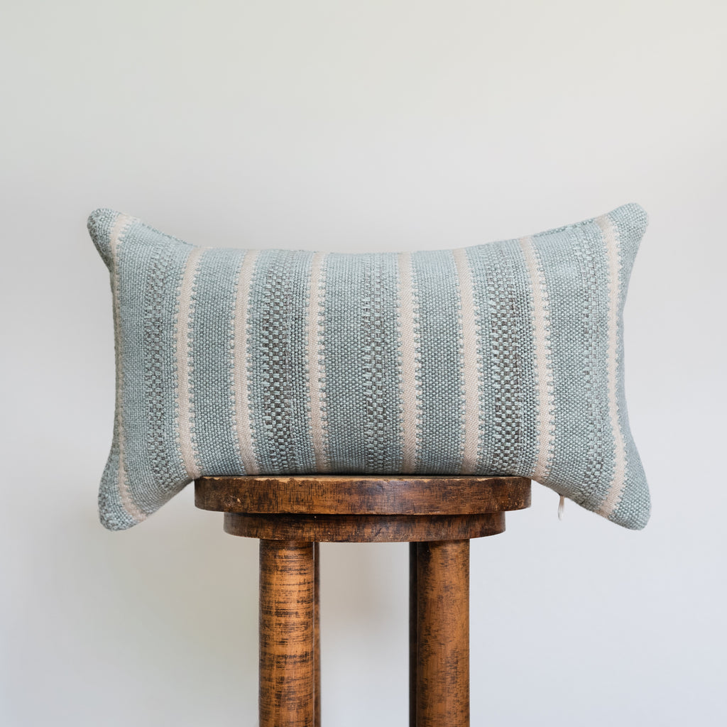 Aqua and Cream Woven Striped Linen Lumbar Pillow 12x20