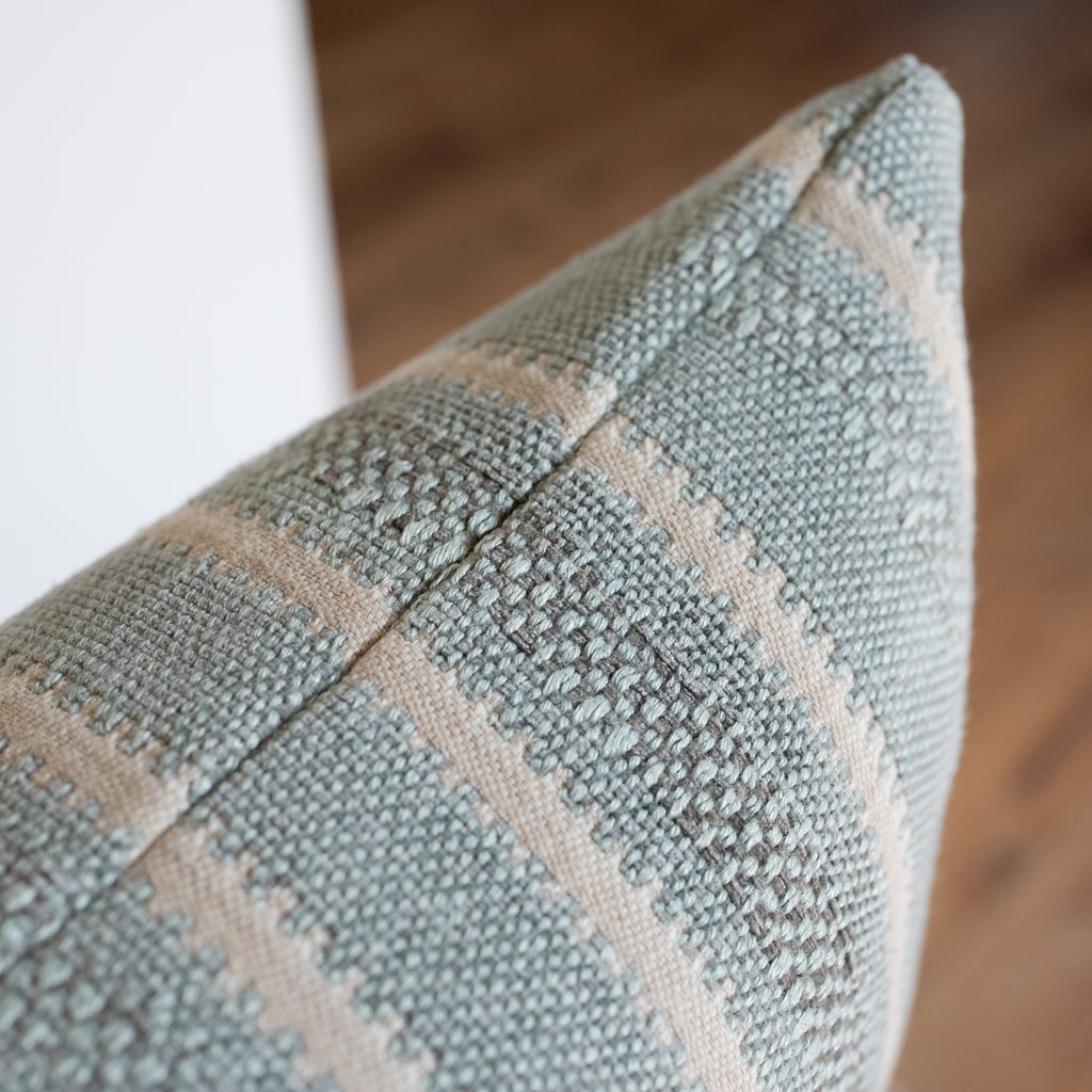 Aqua and Cream Woven Striped Linen Lumbar Pillow 12x20