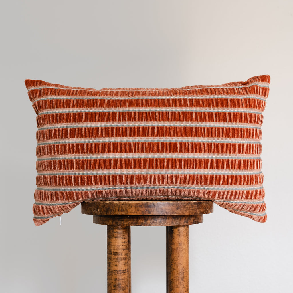 Coral and Teal Rouched Stripe Lumbar Pillow 14x22