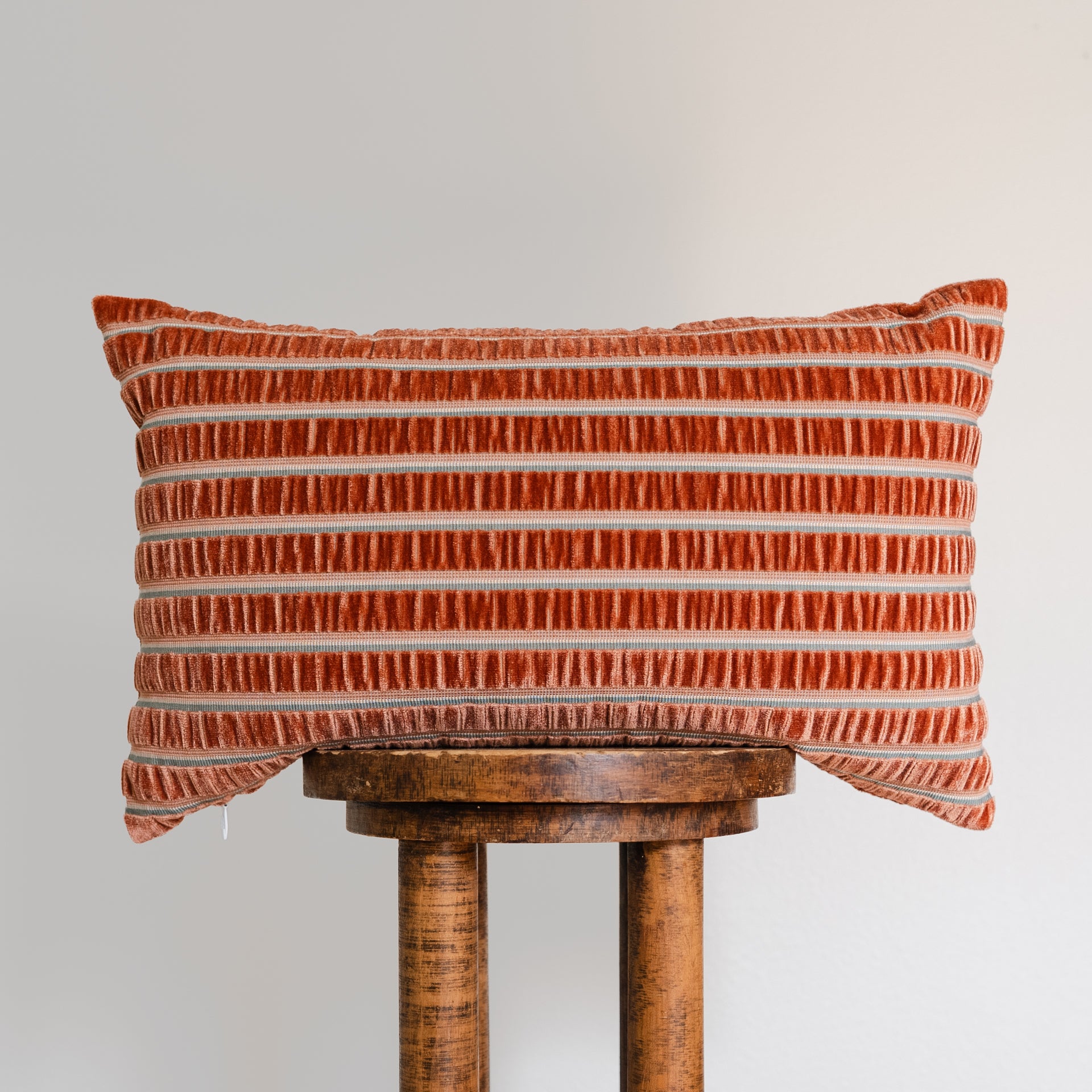 Coral and Teal Rouched Stripe Lumbar Pillow 14x22
