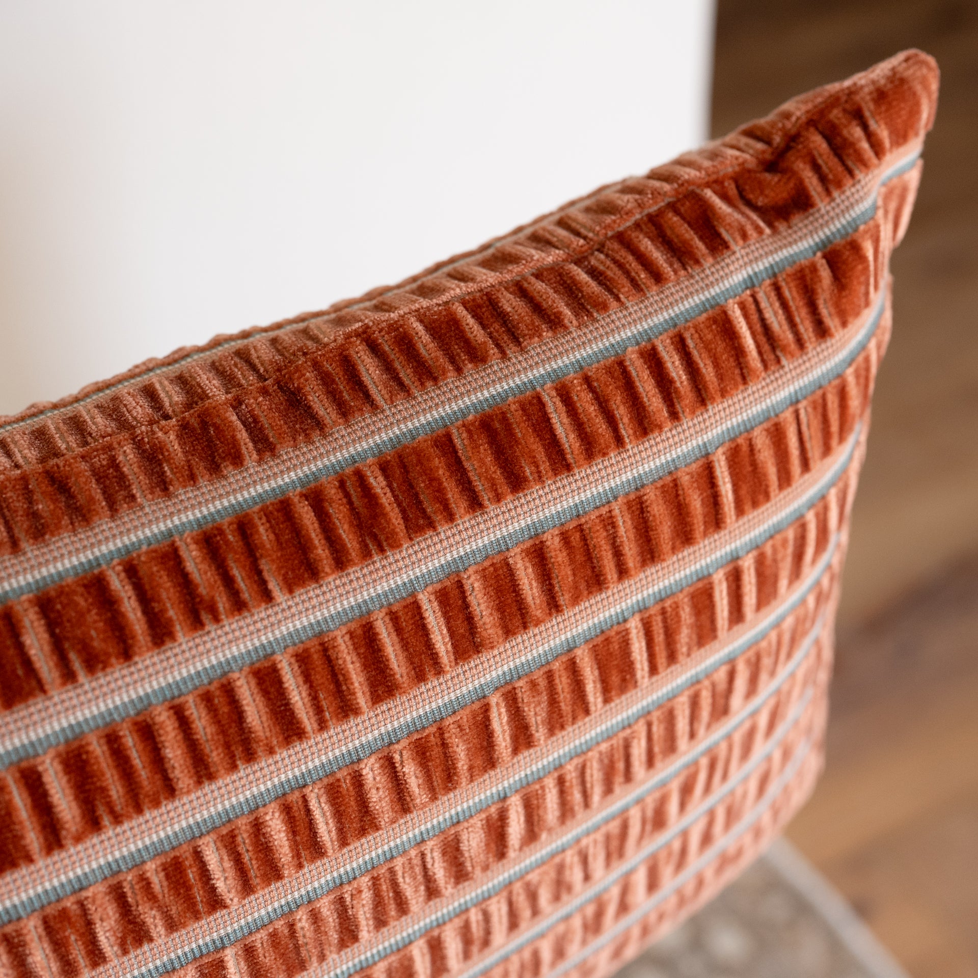 Coral and Teal Rouched Stripe Lumbar Pillow 14x22