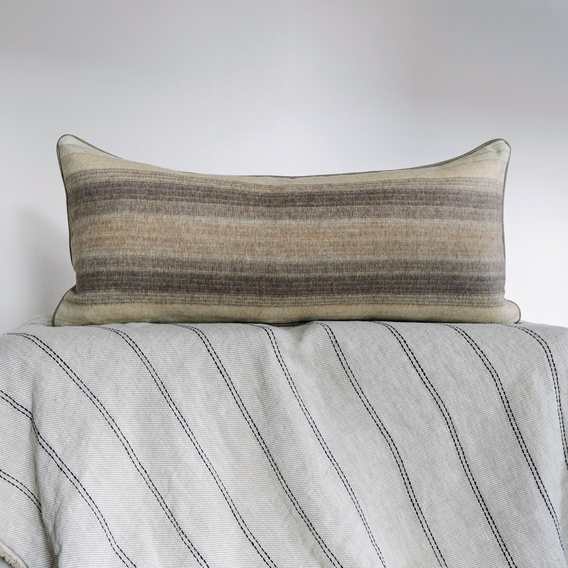 Neutral Striped Wool with Wool Welt Lumbar Pillow 16x34