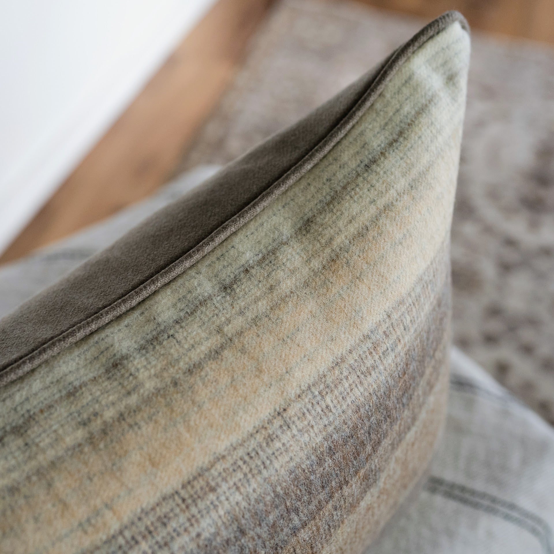 Neutral Striped Wool with Wool Welt Lumbar Pillow 16x34