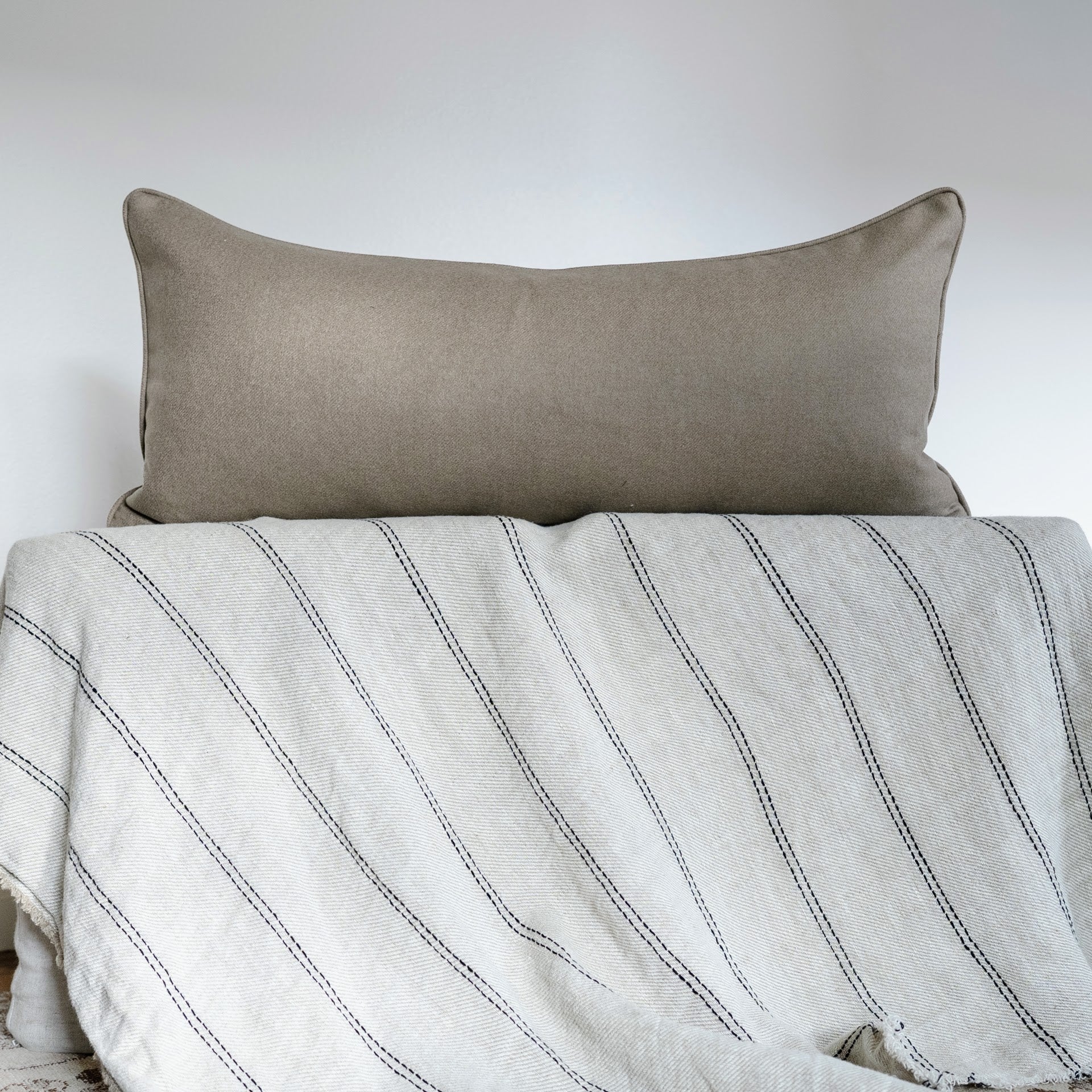 Neutral Striped Wool with Wool Welt Lumbar Pillow 16x34