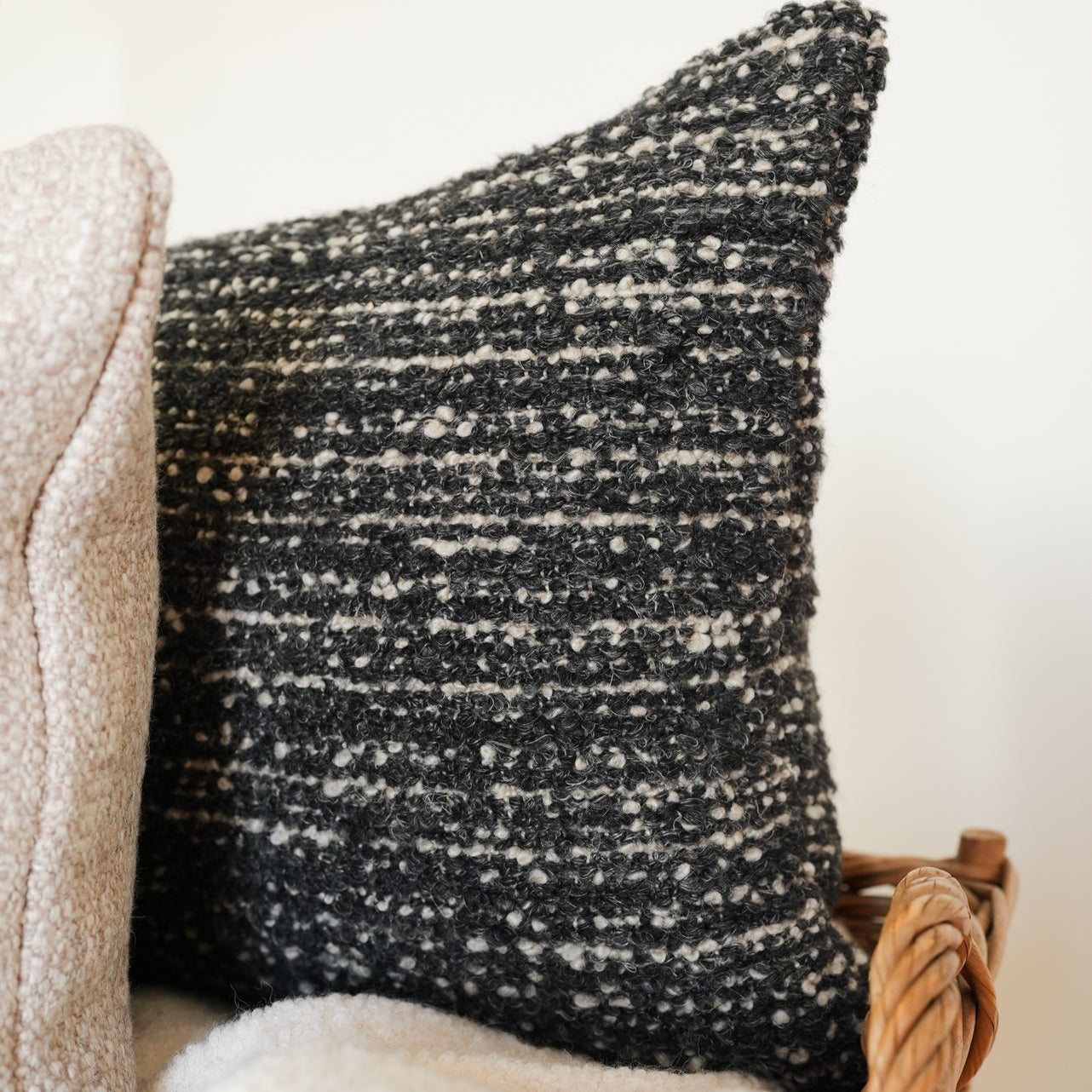 Black & Cream Nubby Wool Lumbar Pillow 14x24