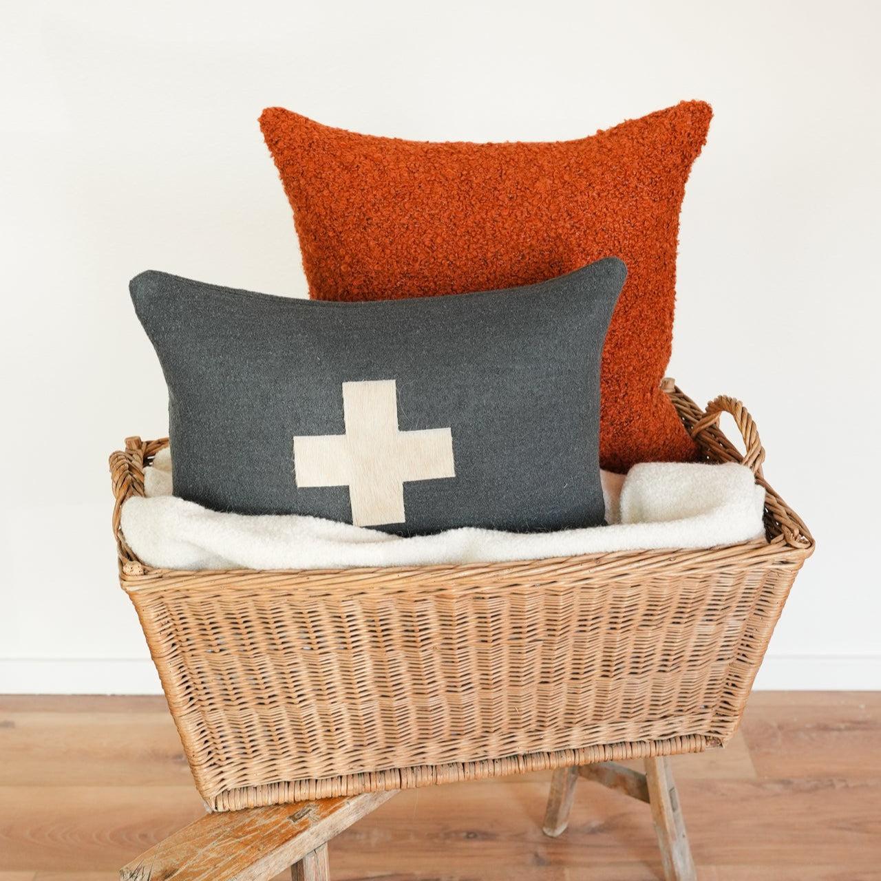 Orange Wool Boucle with Grey & Orange Wool Plaid Pillow 20x20