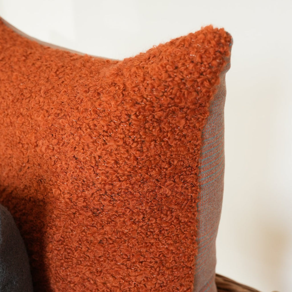 Orange Wool Boucle with Grey & Orange Wool Plaid Pillow 20x20