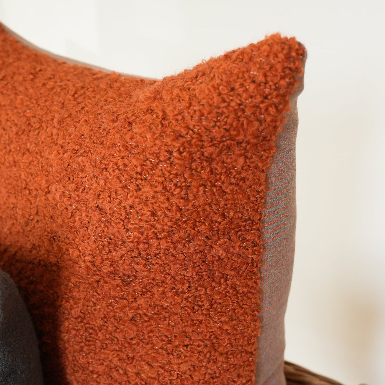 Orange Wool Boucle with Grey & Orange Wool Plaid Pillow 20x20