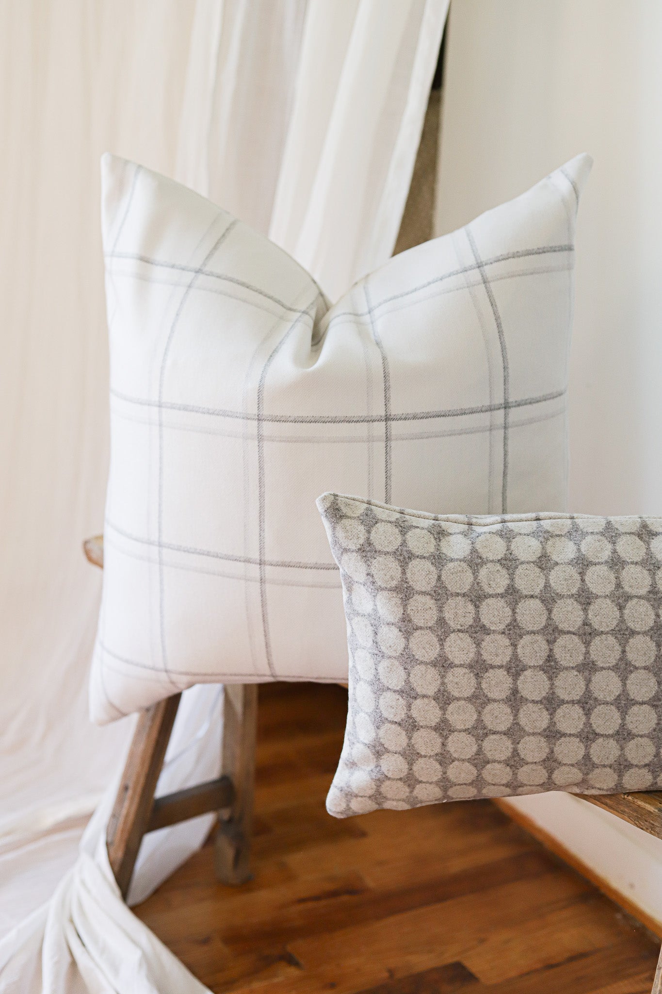 White Wool with Grey Plaid Pillow 24x24