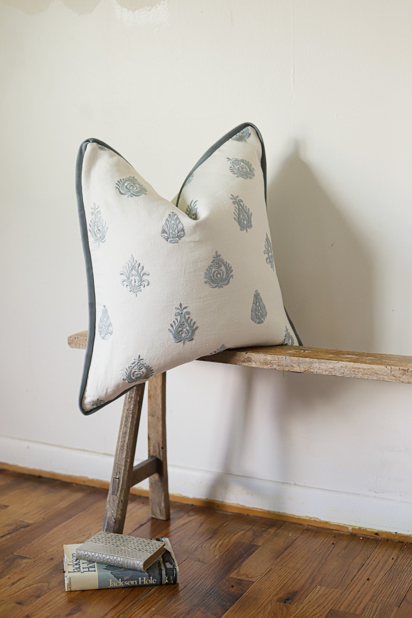 Embroidered Blue Motif with Flange Pillow 22x22