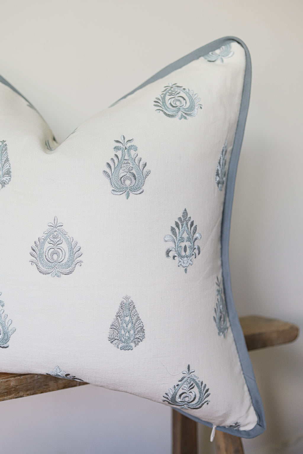Embroidered Blue Motif with Flange Pillow 22x22