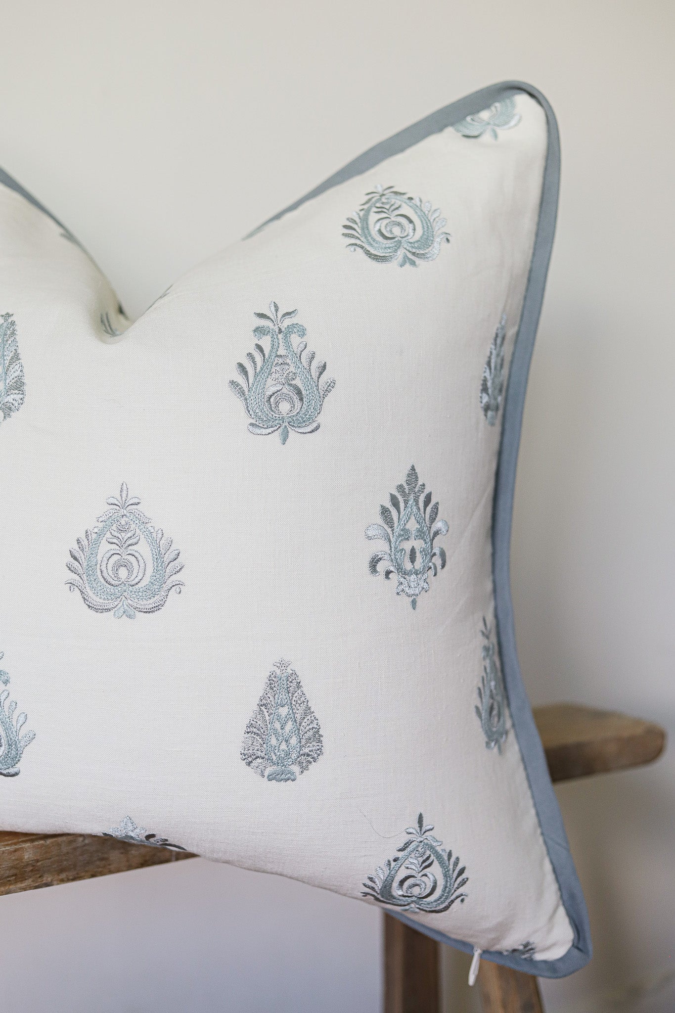 Embroidered Blue Motif with Flange Pillow 22x22