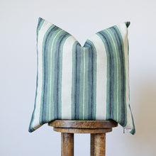 Load image into Gallery viewer, Green, Blue and Black Stripes Printed on Linen Pillow 20x20
