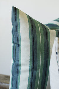 Green, Blue and Black Stripes Printed on Linen Pillow 20x20