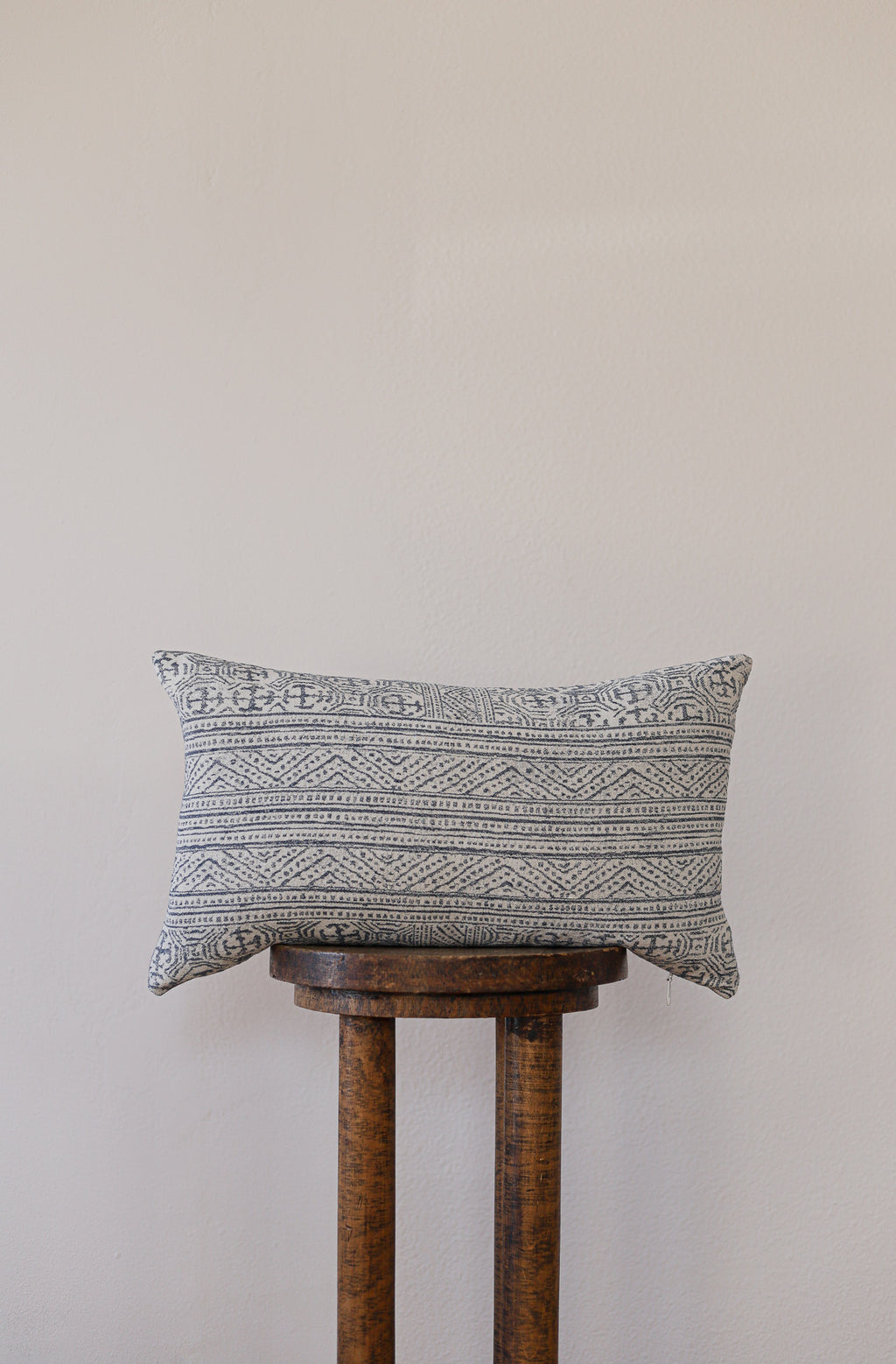 White & Blue Woven Cotton w/ Blue Motif Pattern Pillow 12x20