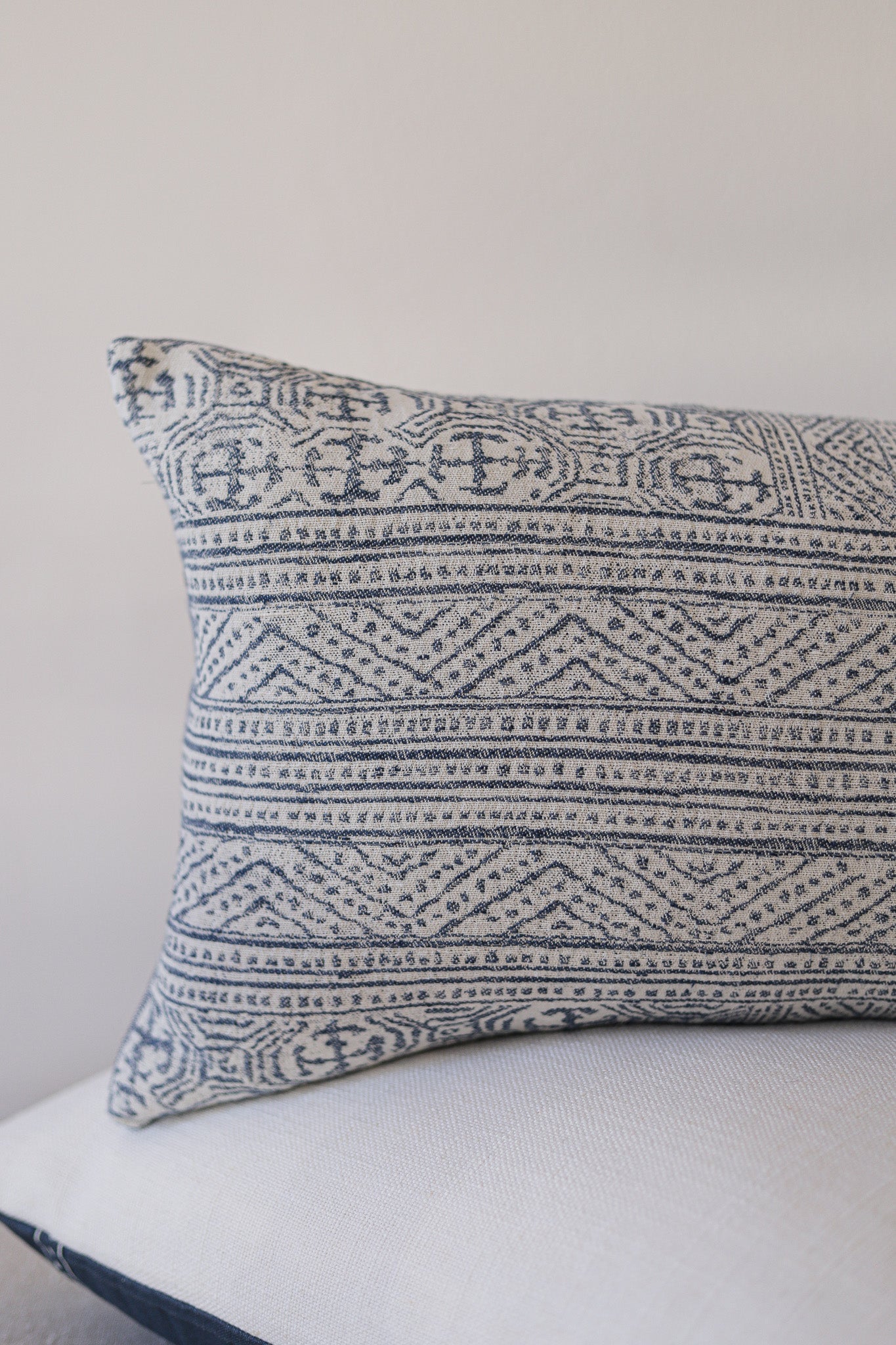 White & Blue Woven Cotton w/ Blue Motif Pattern Pillow 12x20