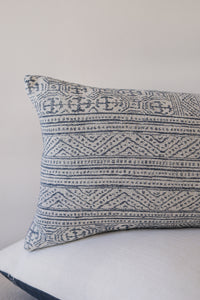 White & Blue Woven Cotton w/ Blue Motif Pattern Decorative Pillow 12x20