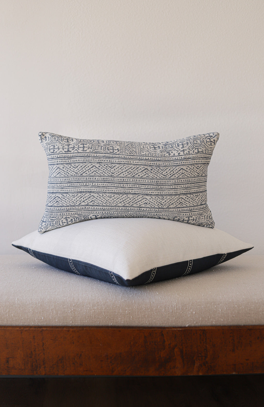 White & Blue Woven Cotton w/ Blue Motif Pattern Pillow 12x20