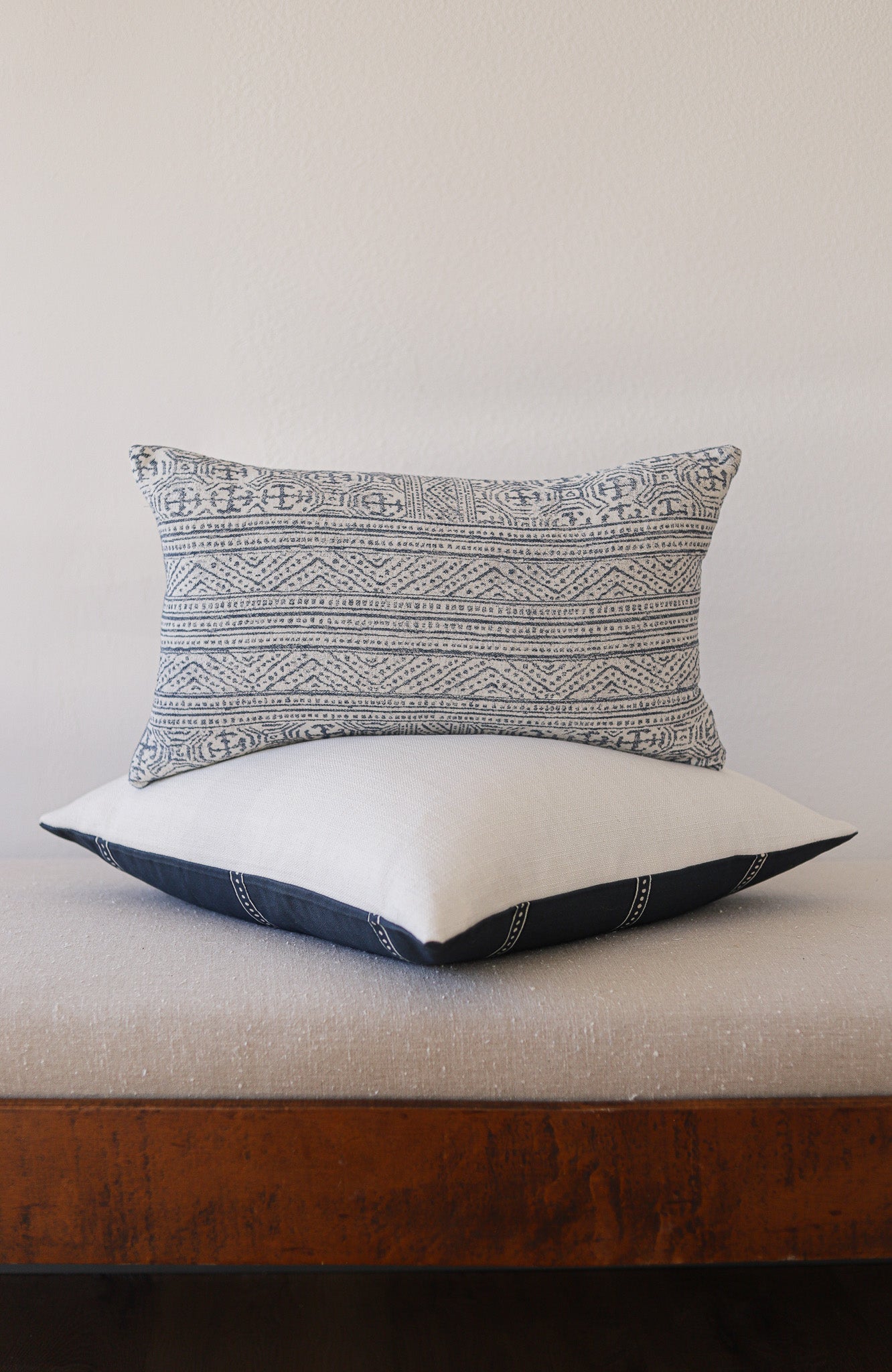 White & Blue Woven Cotton w/ Blue Motif Pattern Pillow 12x20