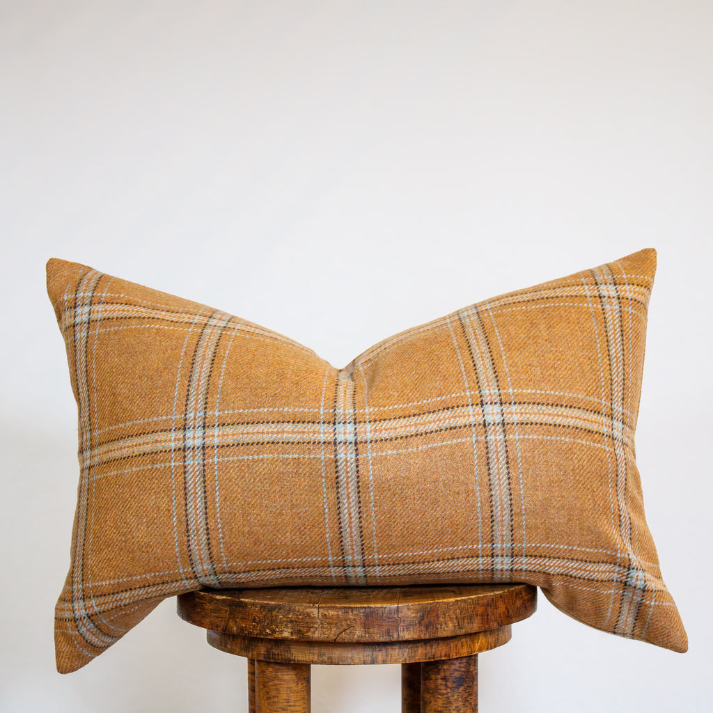 Orange, Blue, & Brown Plaid Wool Lumbar Pillow 14x22