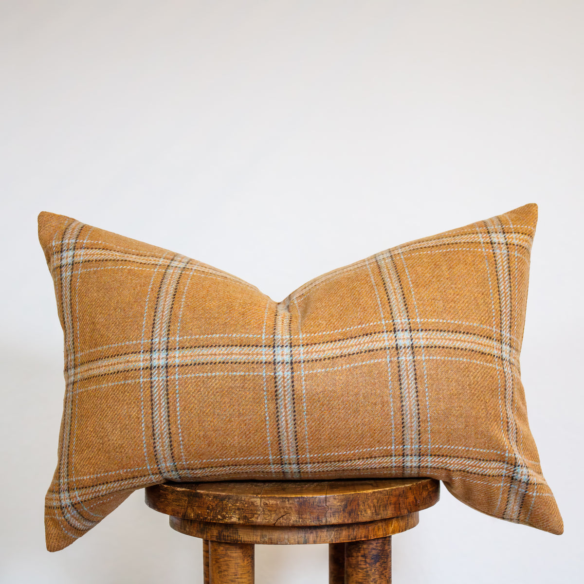 Orange, Blue, & Brown Plaid Wool Lumbar Pillow 14x22