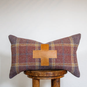 Pink & Purple Plaid with Camel Leather Cross Pillow 12x20