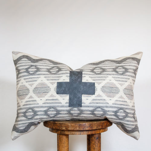 Grey/Cream Tribal Wool with Charcoal Leather Cross Pillow 16x24