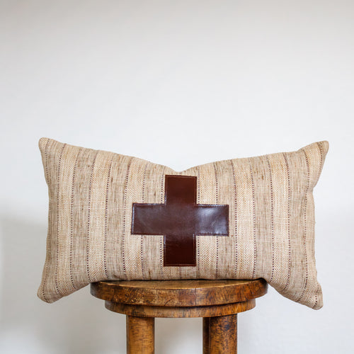 Tan "Jute" Stripes with Dark Chocolate Leather Cross Pillow 12x20