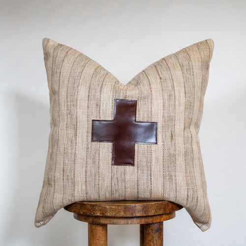 Tan "Jute" Stripes with Dark Chocolate Leather Cross Pillow 20x20