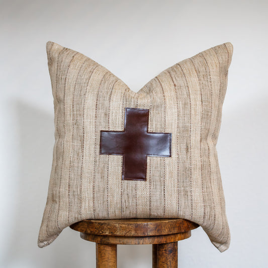 Tan "Jute" Stripes with Dark Chocolate Leather Cross Pillow 20x20
