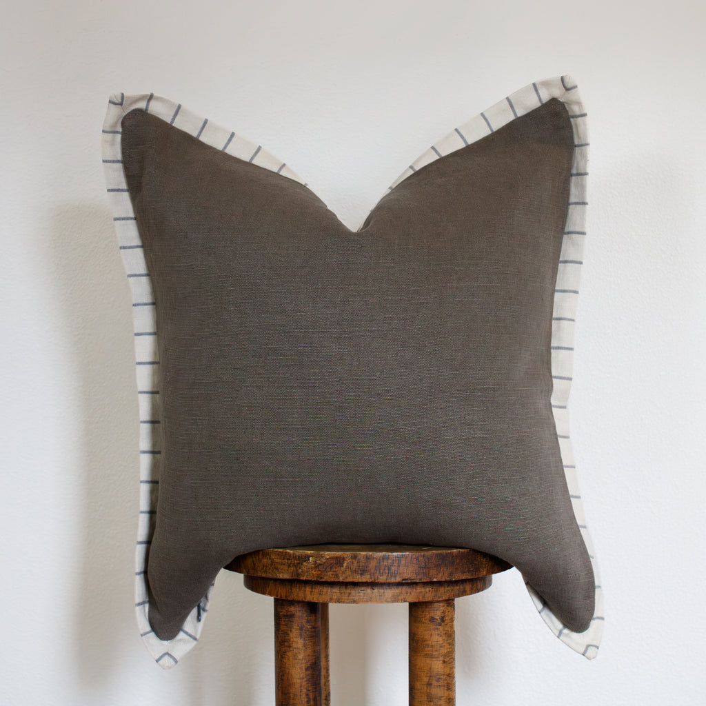 Mushroom Brown Linen with Cream & Denim Blue Striped Flange 22x22
