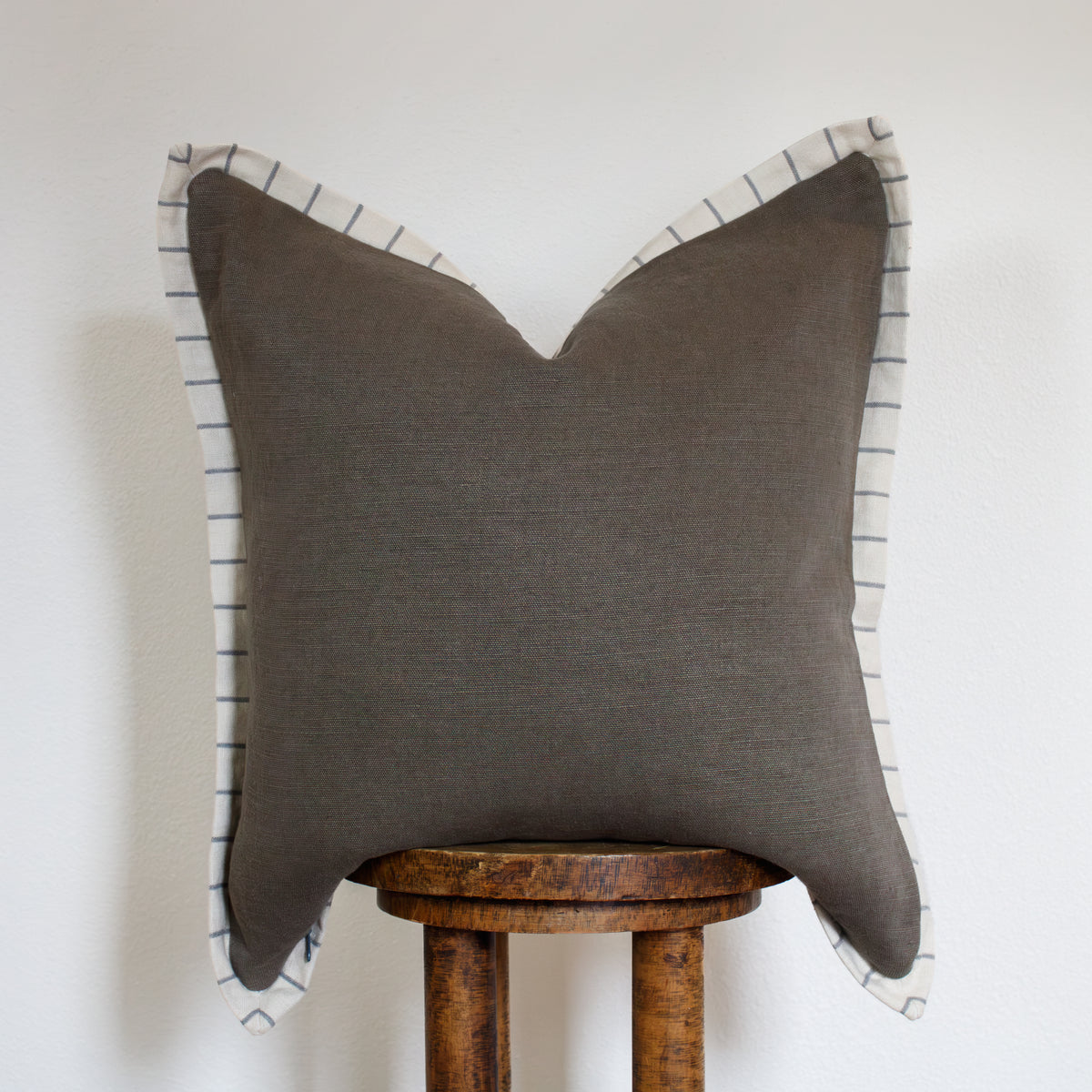 Mushroom Brown Linen with Cream & Denim Blue Striped Flange 22x22