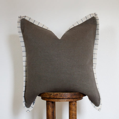 Mushroom Brown Linen with Cream & Denim Blue Striped Flange 22x22