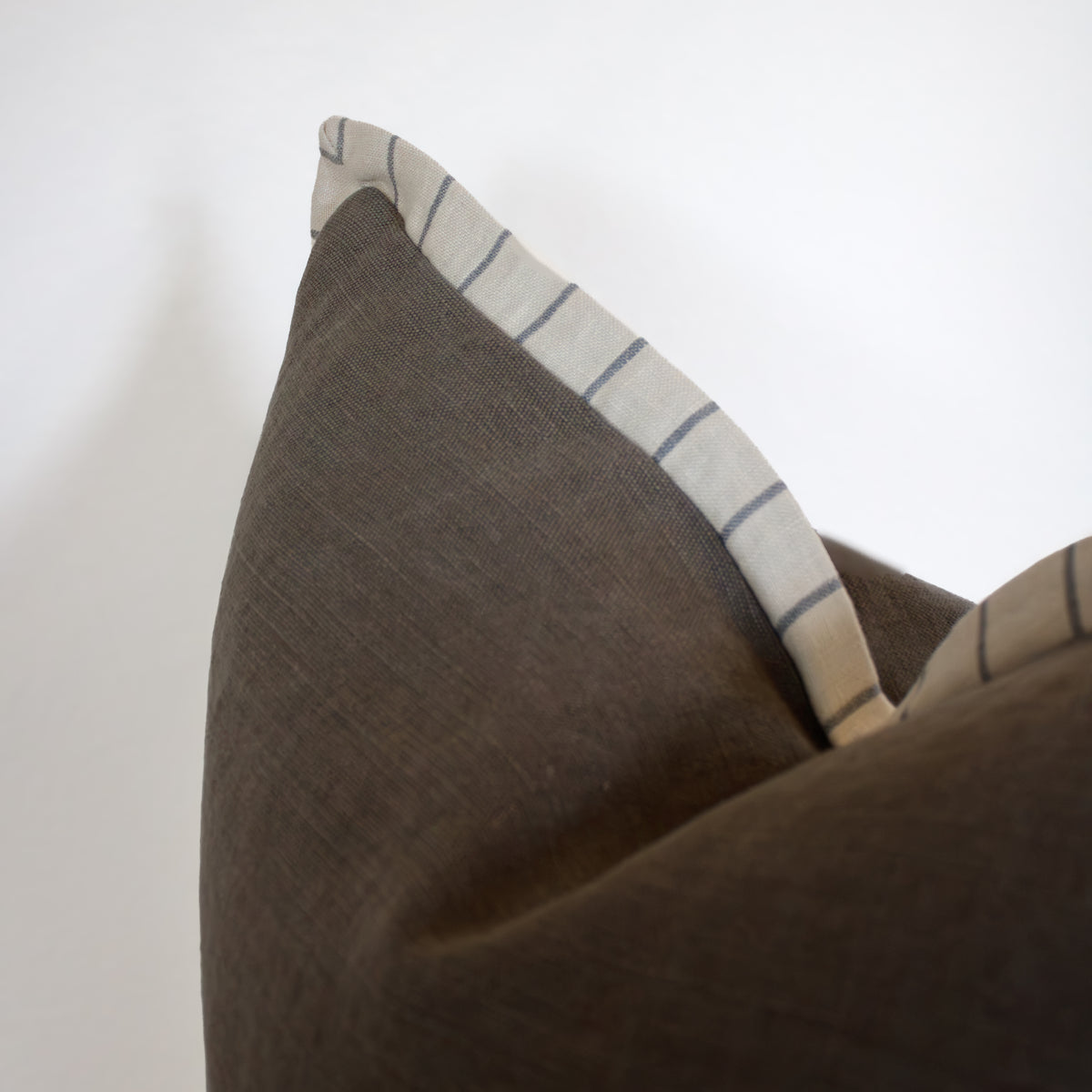 Mushroom Brown Linen with Cream & Denim Blue Striped Flange 22x22