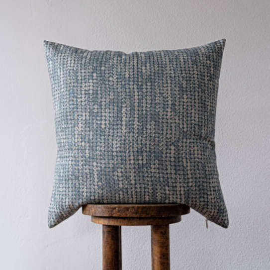 Blue with White Circle Print on Linen Pillow 22x22