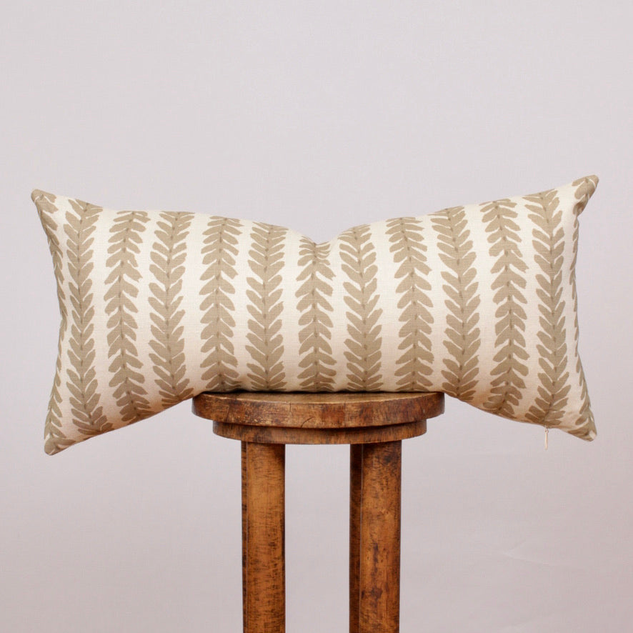 Cream Linen with Green Vine Lumbar Pillow 13x27