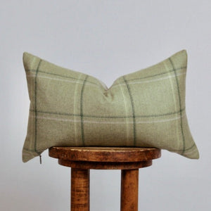 Moss Green Plaid Wool Lumbar Pillow 12x20