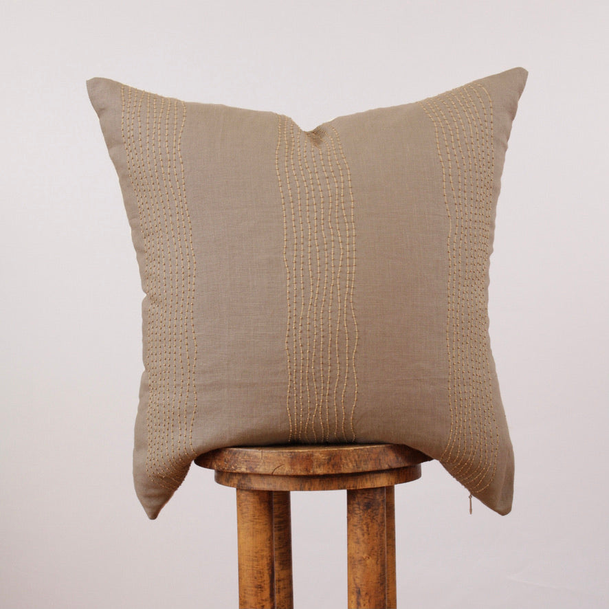 Light Brown Linen with Gold Beading Decorative Pillow 22x22