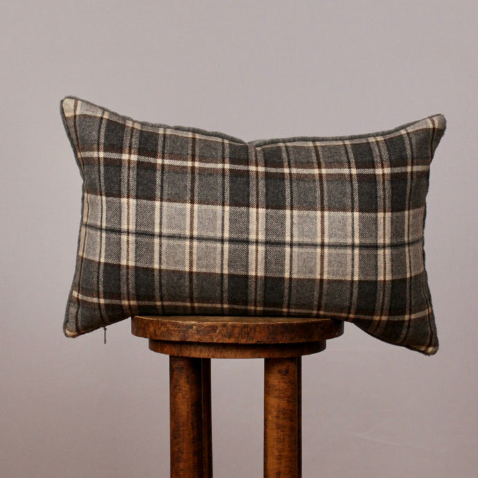 Cream, Blue and Brown Plaid Wool Lumbar Pillow 14x22 by Vantage Design