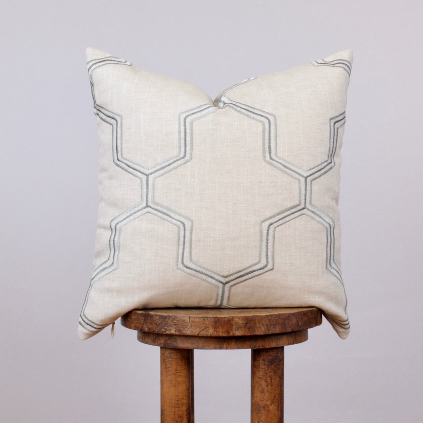 Teal, White & Tan Embroidered Honeycomb Pillow 18x18